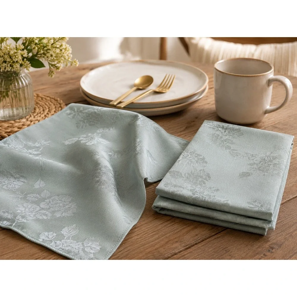 Spring Medley Mist Blue Reversible Damask Floral Napkins Set of 4 17x17 New